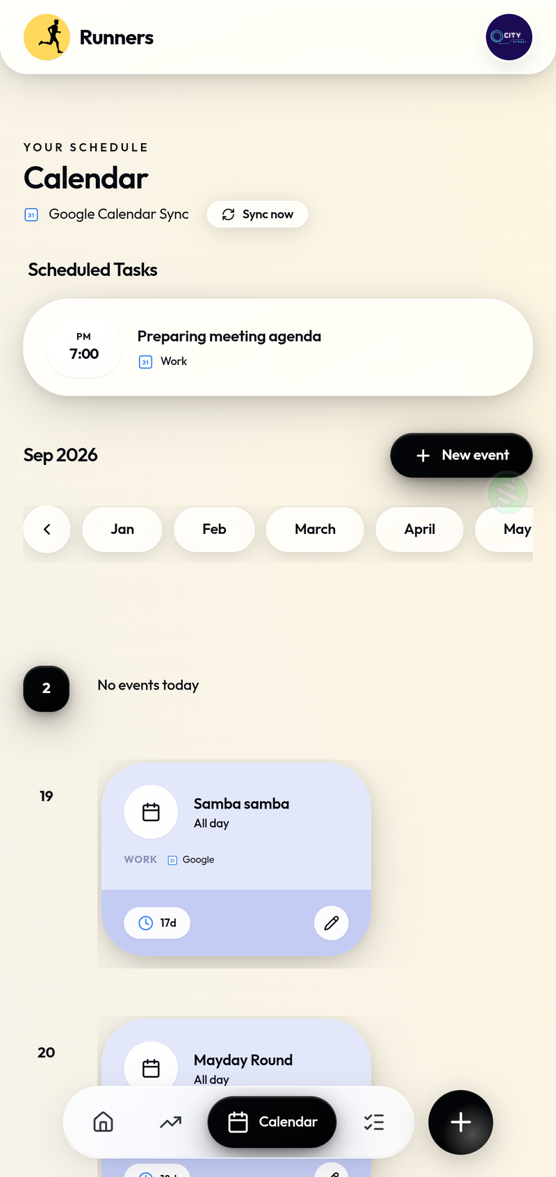 Calendar view with events and milestones
