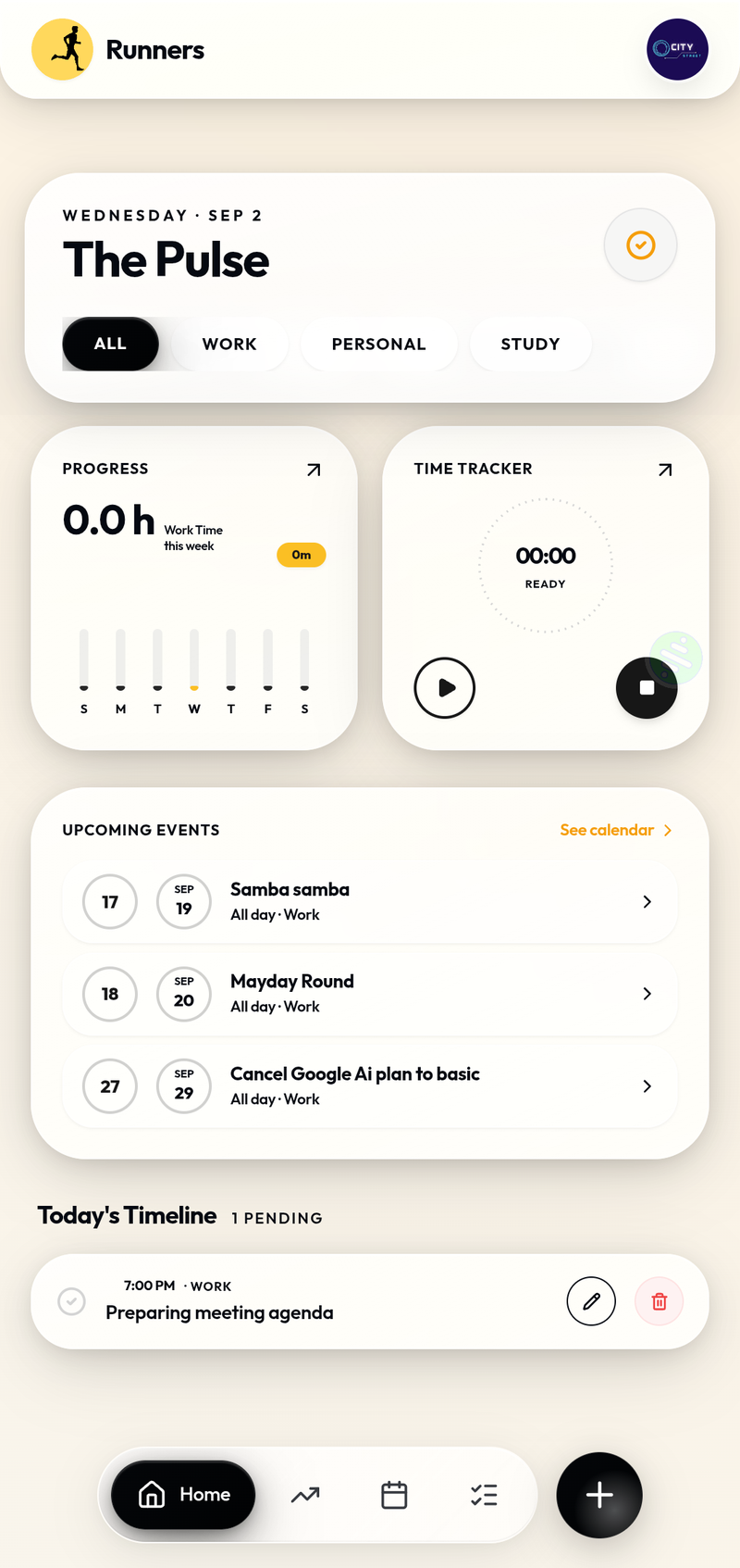 Home screen showing daily pulse view with tasks and focus timer