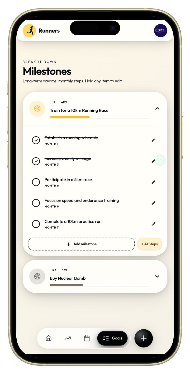 Goals view - Milestones and progress