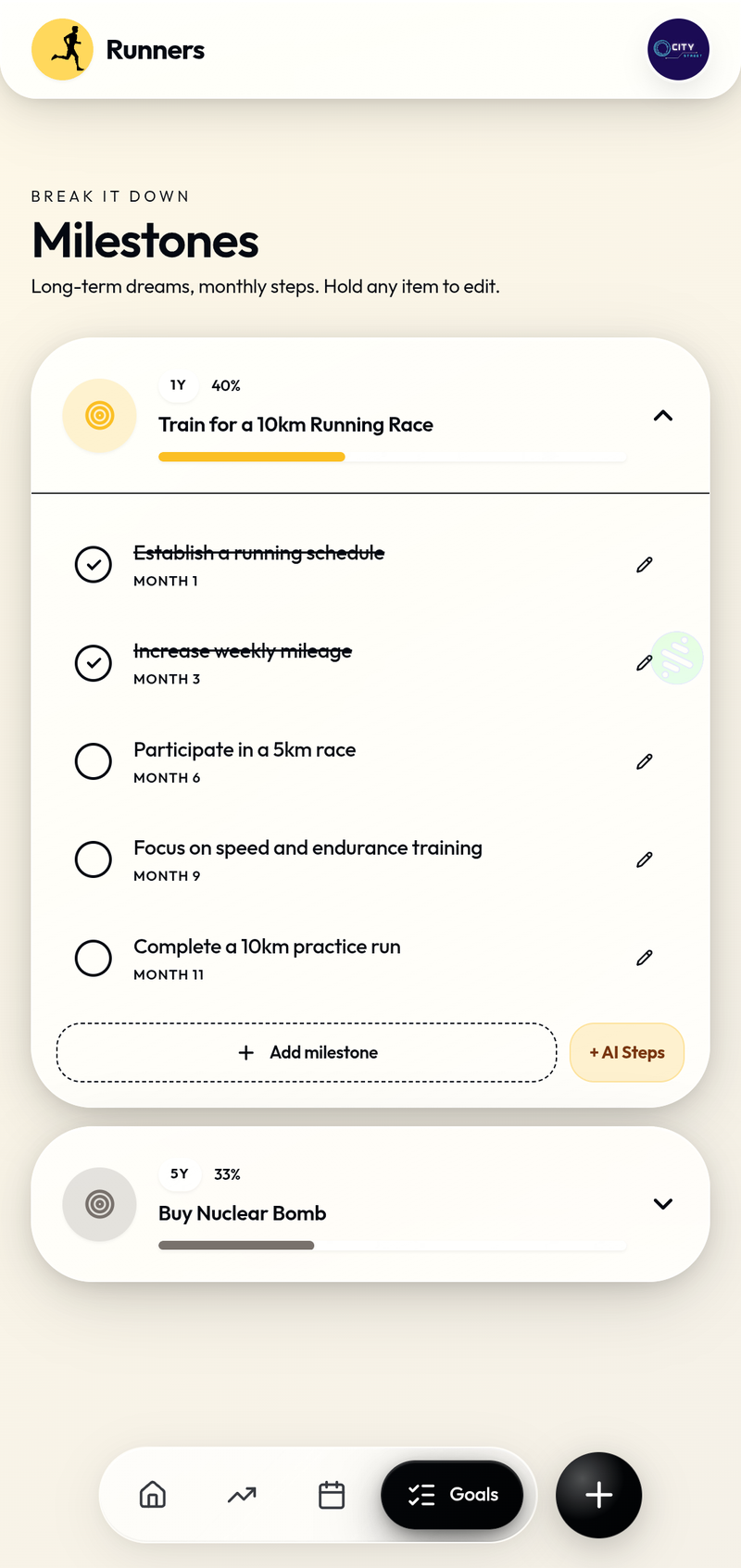 Goals and milestones tracking screen