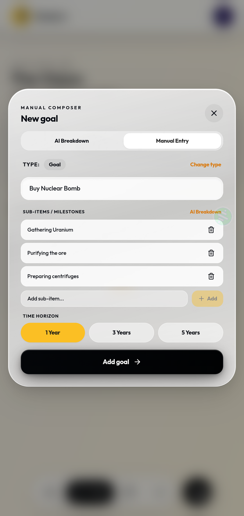 Create new goal screen